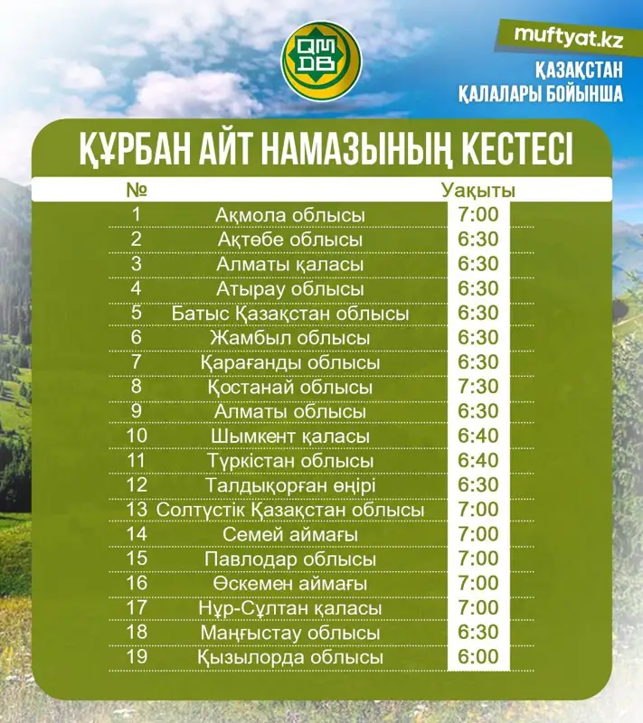 Қазақстан бойынша айт намазының кестесі жарияланды 