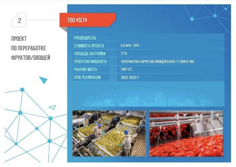 Шетелдік инвестор Шымкентте жеміс пен көкөністі қайта өңдеу және консервілеу зауытын салуға ниет білдірді
