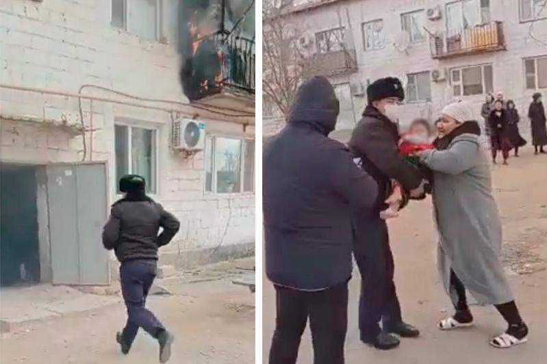 Полицейлер Маңғыстауда 2 баланы өрттен құтқарды 