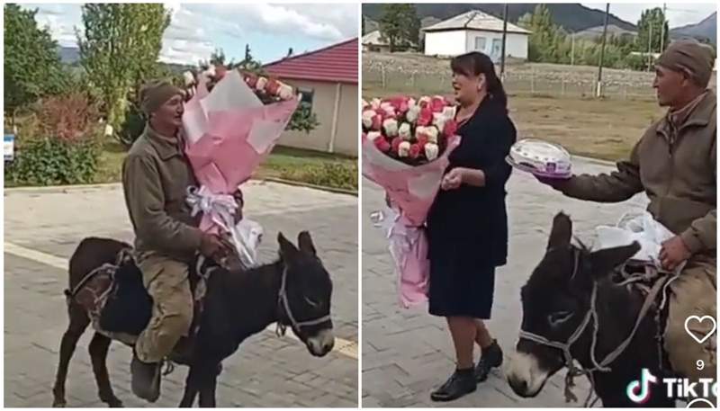 Есекке мініп, әйелінің жұмыс істейтін мектебіне гүл алып келген ер адам желі қолданушыларын тәнті етті